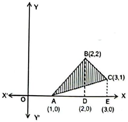 Structure Triangle A(1, 0), B(2, 2), C(3, 1) with feet D(2, 0) and E(3, 0) on the x-axis.